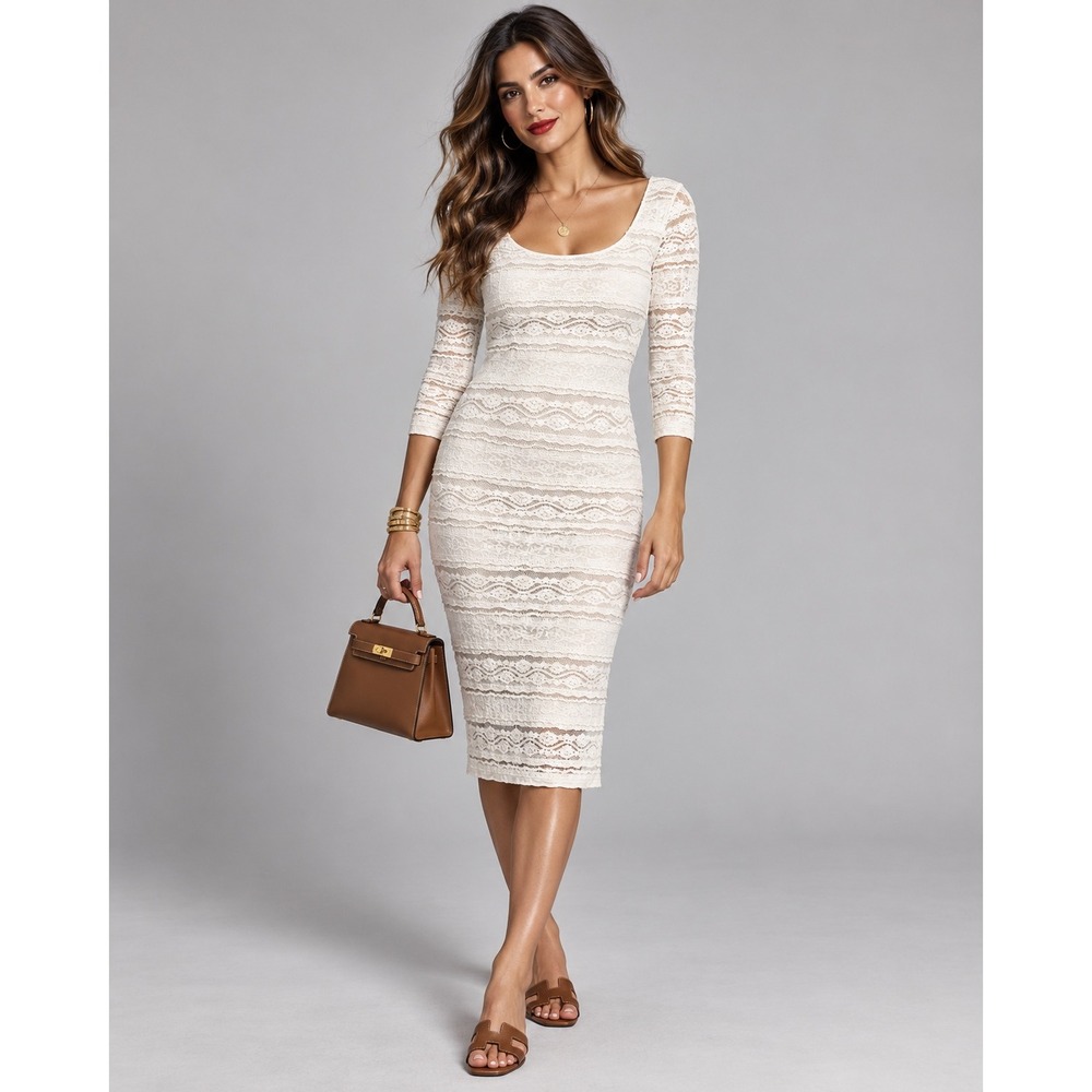 Willow & Clay Cream Lace Tiered Sheath Dress Scoop Neck 3/4 Sleeve Ivory Midi